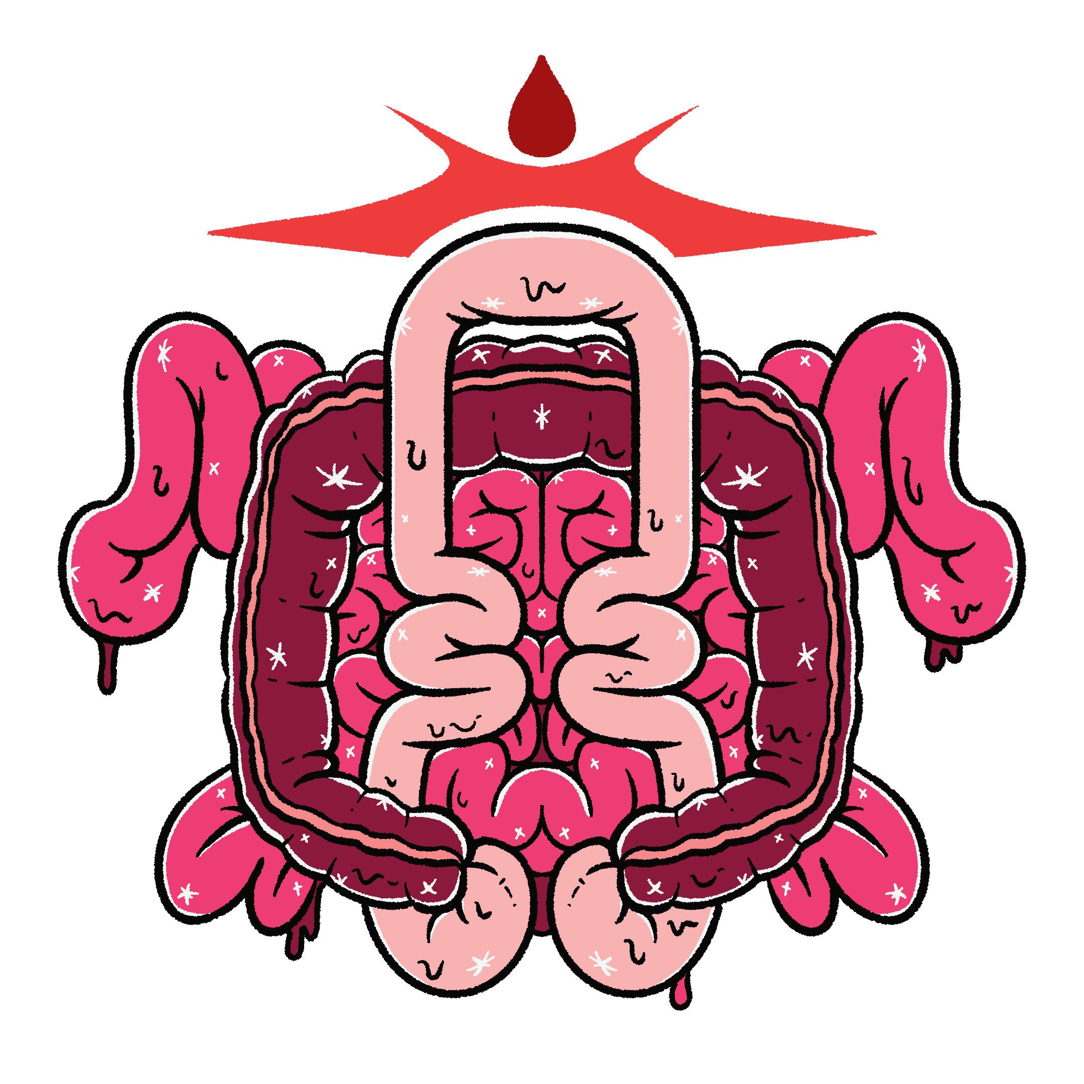 Illustration of a being made of intestines in various shades of pink and purple. Its body is speckled with stars. Above its head is a red, spiked halo with a drop of dark blood at its center.